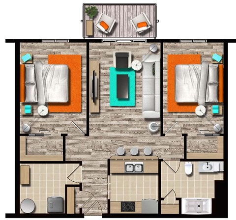 Floor plan for 2 beds, 1 bath, 1100 sqft