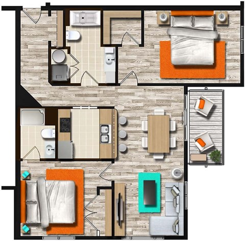 Floor plan for 2 beds, 2 baths, 1500 sqft