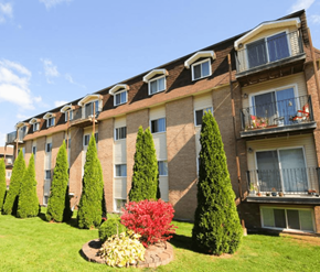 Fredericton apartment for rent - A row of apartment buildings with balconies and trees in front.