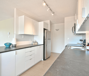 Fredericton apartment for rent - A kitchen with white cabinets and a stainless steel refrigerator.