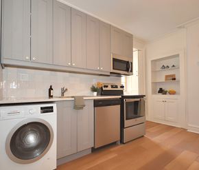 Halifax apartment for rent - A modern kitchen with a washing machine and a microwave.