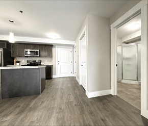 Dieppe apartment for rent - A kitchen with a dark countertop and a white door.