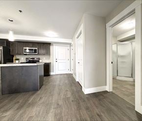 Dieppe apartment for rent - A kitchen with a black refrigerator and a white door.