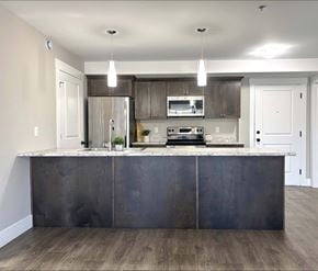 Dieppe apartment for rent - A modern kitchen with a dark island and stainless steel appliances.