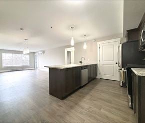 Dieppe apartment for rent - A kitchen with a dark brown island and light wood flooring.