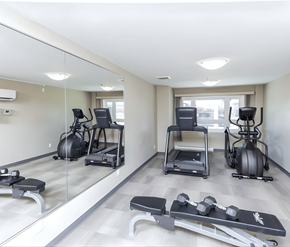 Ottawa apartment for rent - A mirrored wall in a gym with a row of exercise equipment.