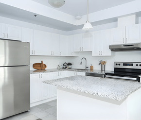 Ottawa apartment for rent - A modern kitchen with a stainless steel refrigerator and a marble countertop.