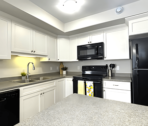 Dieppe apartment for rent - A kitchen with black appliances and white cabinets.