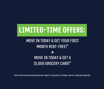 London apartment for rent - A promotional image offering a free first month rent and a $1,000 grocery card for new residents.