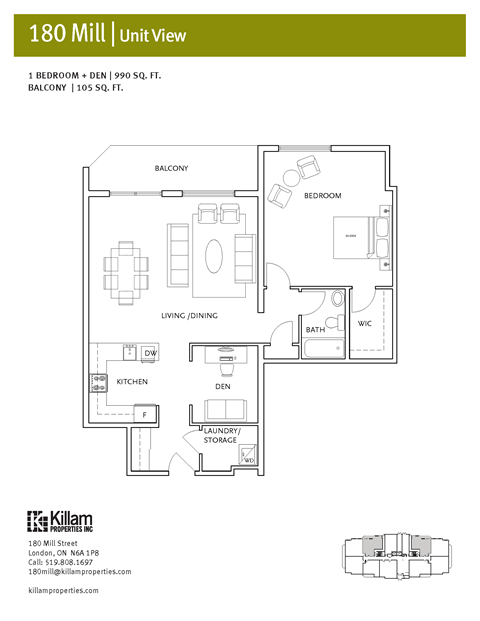 Floor plan for 1 bed, 1 bath, 990 sqft