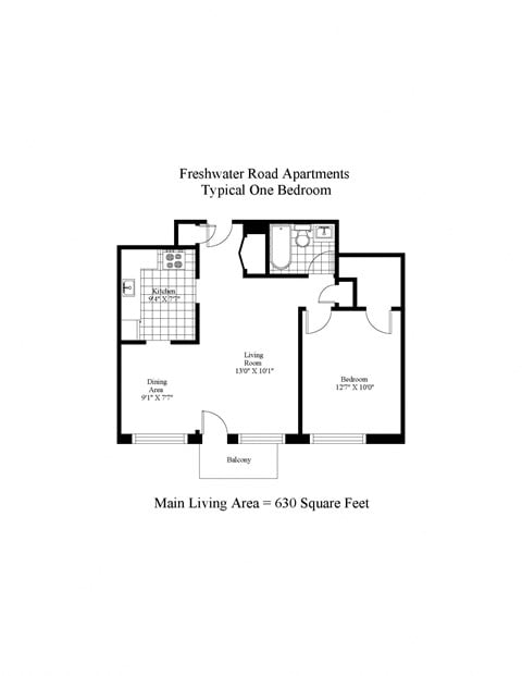 Floor plan for 1 bed, 1 bath, 630 sqft