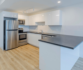 Fredericton apartment for rent - A modern kitchen with a stainless steel refrigerator and wooden flooring.