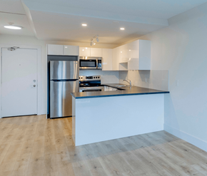Fredericton apartment for rent - A modern kitchen with a stainless steel refrigerator and wooden flooring.