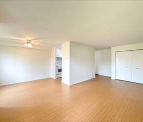Dieppe apartment for rent - A room with wooden floors and a ceiling fan.