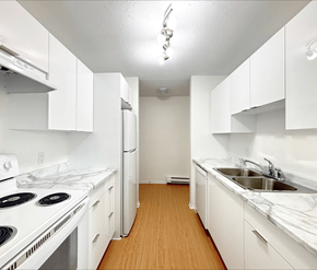 Dieppe apartment for rent - A white kitchen with a stove, refrigerator, and sink.