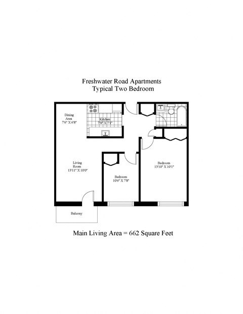 Floor plan for 2 beds, 1 bath, 662 sqft