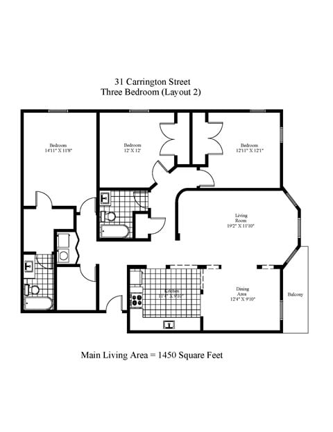 Floor plan for 3 beds, 2 baths, 1450 sqft