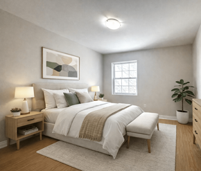 Dieppe apartment for rent - A bedroom with a large bed, a nightstand with a lamp, a window, and a potted plant.