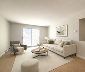 Dieppe apartment for rent - A living room with a grey armchair, a white sofa, a coffee table, and a large window.