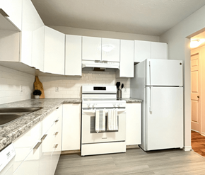 Dieppe apartment for rent - A white kitchen with a refrigerator, oven, and sink.