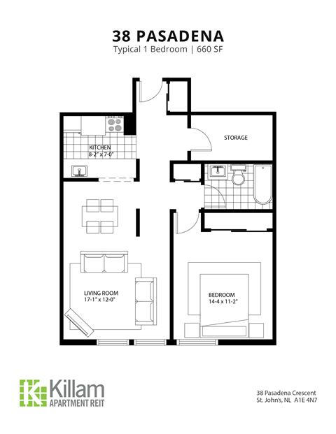 Floor plan for 1 bed, 1 bath