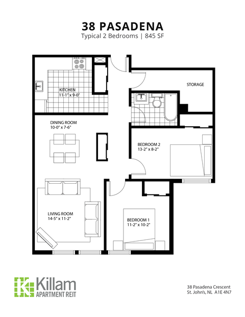 Floor plan for 2 beds, 1 bath