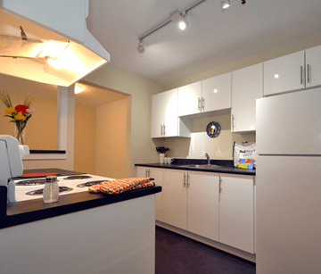 Halifax apartment for rent - A kitchen with white cabinets and a black countertop.