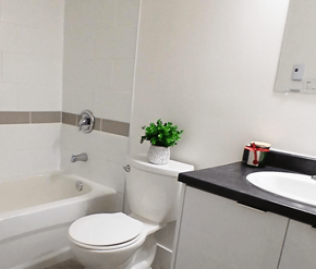 Fredericton apartment for rent - A white toilet sits next to a bathtub in a bathroom.
