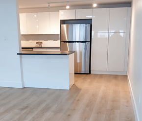 Fredericton apartment for rent - A kitchen with a white counter and a black fridge.