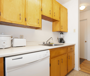 Fredericton apartment for rent - A kitchen with wooden cabinets and a white dishwasher.