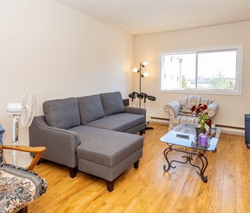 Fredericton apartment for rent - A grey couch sits in a living room with a fan and a chair.