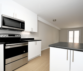 Halifax apartment for rent - A modern kitchen with black and white appliances and cabinets.