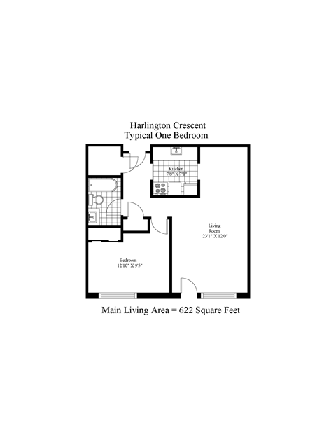 Floor plan for 1 bed, 1 bath, 622 sqft