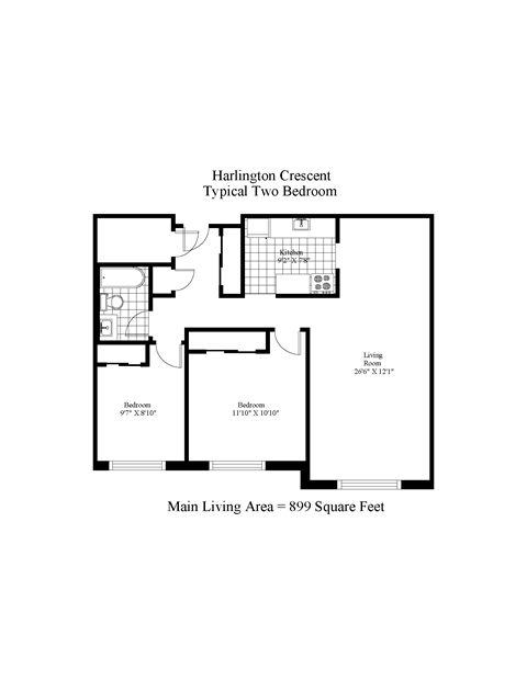 Floor plan for 2 beds, 1 bath, 900 sqft