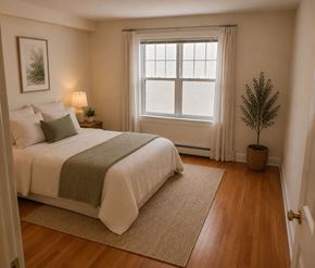 Halifax apartment for rent - A bedroom with a large bed and a window with white curtains.
