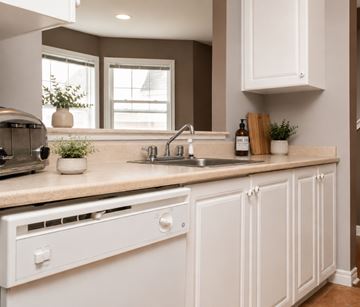 Halifax apartment for rent - A kitchen with white cabinets and a beige countertop.