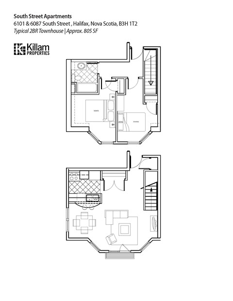 Floor plan for 2 beds, 1 bath, 805 sqft