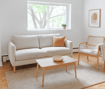 Ottawa apartment for rent - A white couch sits in a living room with a wooden coffee table in front of it.