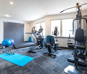 Moncton apartment for rent - A gym with a variety of equipment including treadmills, exercise bikes, and weight machines.