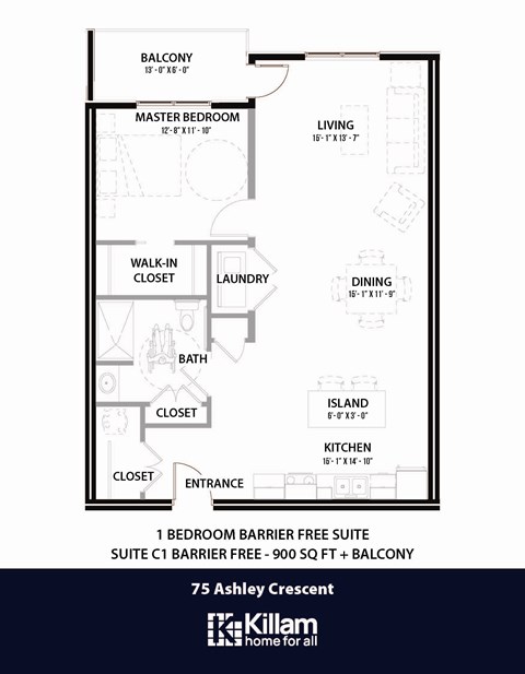 Floor plan for 1 bed, 1 bath