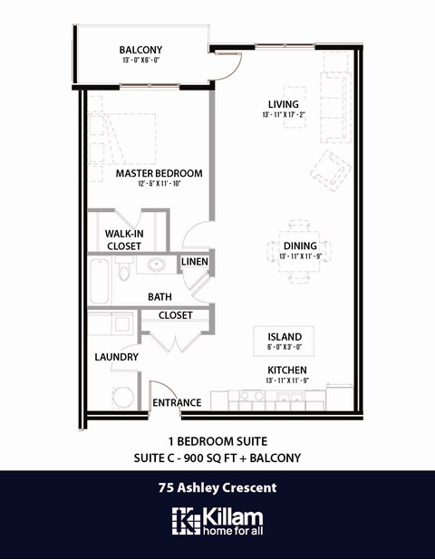 Floor plan for 1 bed, 1 bath, 900 sqft