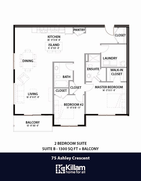 Floor plan for 2 beds, 2 baths, 1300 sqft