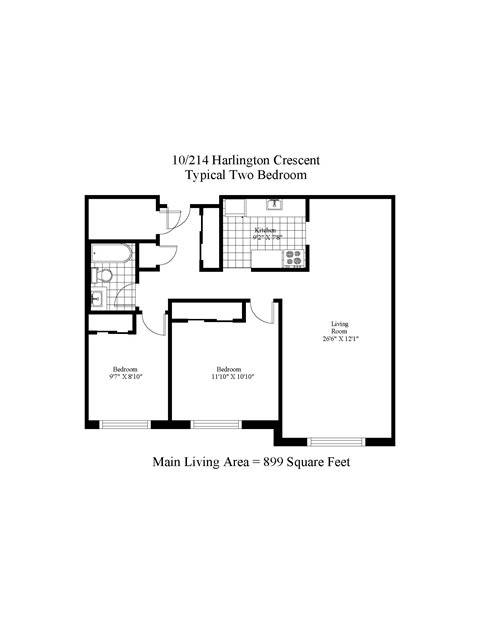 Floor plan for 2 beds, 1 bath, 899 sqft