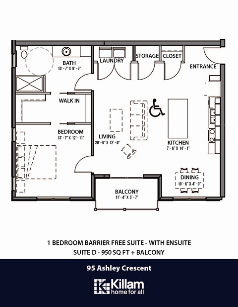 Floor plan for 1 bed, 1 bath