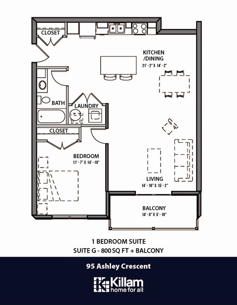 Floor plan for 1 bed, 1 bath