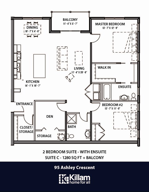 Floor plan for 2 beds, 2 baths