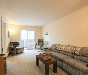 Fredericton apartment for rent - A living room with a couch, chair, and table.