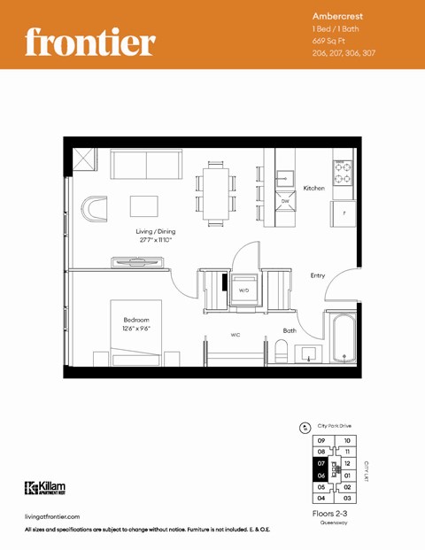 Floor plan for 1 bed, 1 bath, 613 sqft