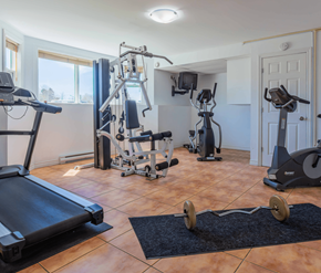 Saint John apartment for rent - A home gym with a treadmill, weights, and exercise machines.
