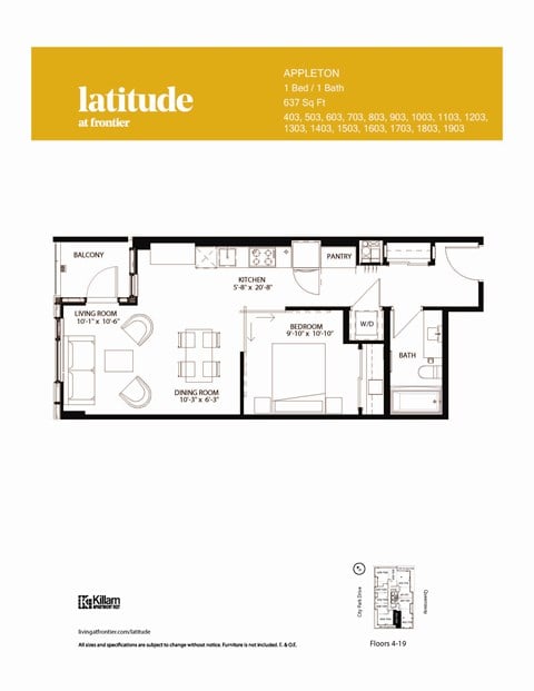 Floor plan for 1 bed, 1 bath, 670 sqft